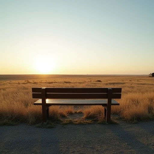 Wooden bench facing endless high plains grassland at sunrise behind a quiet rest area near Burlington, Colorado