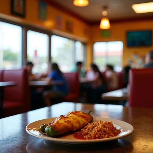 Plate of chile relleno with red sauce, rice, and beans on a diner table inside Fiesta Mexicana in Grand Junction, a family dining in the soft background