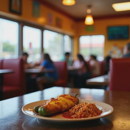The chile relleno at Fiesta Mexicana — the best diner stop on the way to Moab Plate of chile relleno with red sauce, rice, and beans on a diner table inside Fiesta Mexicana in Grand Junction, a family dining in the soft background