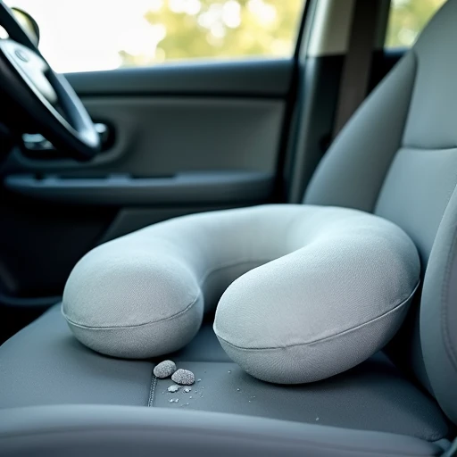 U-shaped memory foam travel pillow abandoned on a car passenger seat with small foam particles on the fabric, soft daylight from the window