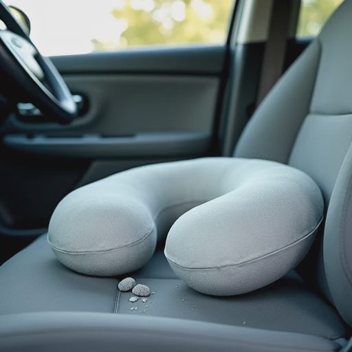The travel pillow — overrated and already on the floor by hour three U-shaped memory foam travel pillow abandoned on a car passenger seat with small foam particles on the fabric, soft daylight from the window