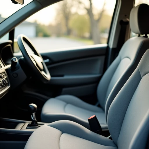 Empty passenger seat in a clean car interior with soft daylight falling across the slate gray fabric, nothing left on the seat overnight