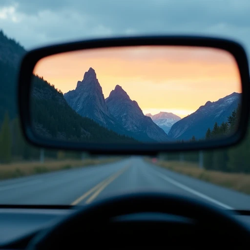 Rearview mirror reflecting distant mountain peaks at sunset while driving away on a flat highway, the view behind more beautiful than the road ahead