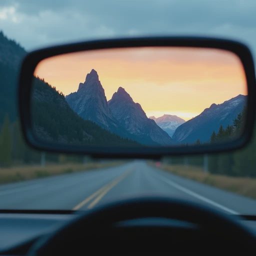 The view behind — what the rearview mirror holds after 200 miles Rearview mirror reflecting distant mountain peaks at sunset while driving away on a flat highway, the view behind more beautiful than the road ahead