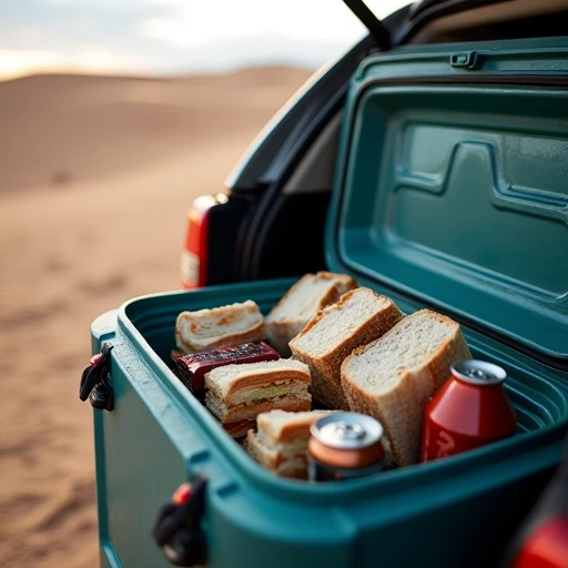 Open compact cooler on a car tailgate with sandwiches, drinks, and ice packs packed neatly during a roadside stop near sand dunes
