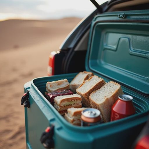 The real-world test — lunch from the cooler at a San Luis Valley pullout Open compact cooler on a car tailgate with sandwiches, drinks, and ice packs packed neatly during a roadside stop near sand dunes
