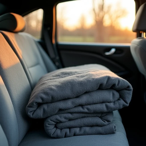 Folded gray wool blanket resting on a car back seat in soft afternoon light, a simple comfort that lives permanently in the vehicle