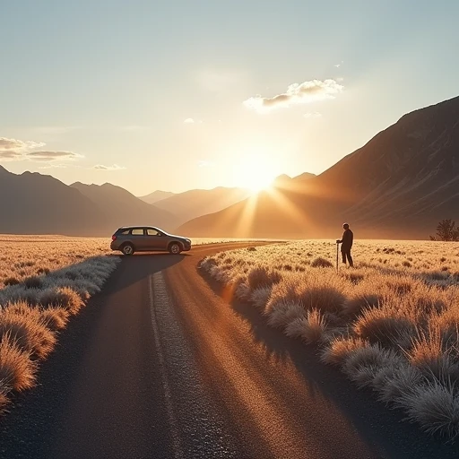 Frost-covered mountain basin at sunrise with golden low light and a single car at a roadside pullout, early morning on a weekend drive
