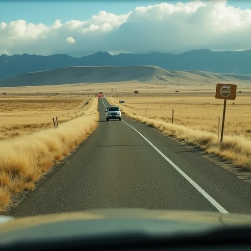 Hand-painted roadside sign pointing down a gravel road in open Colorado ranch country, a spontaneous detour during a one-tank road trip