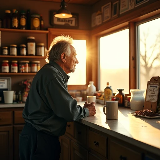 Attendant at a small rural gas station counter talking with a traveler, late afternoon light through the window, local goods on shelves behind