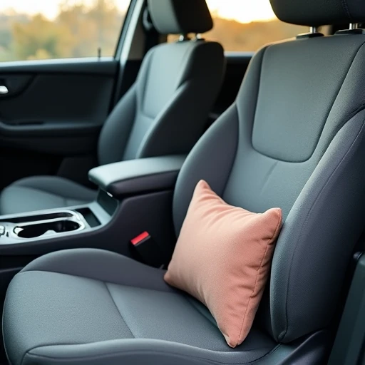 Small lumbar pillow tucked into a car driver's seat between the bolsters, a simple comfort upgrade for long drives