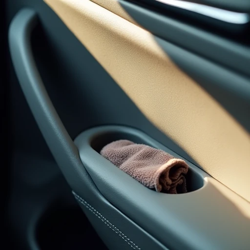 Clean empty car door pocket with a single folded microfiber cloth, soft daylight on the slate gray interior after decluttering