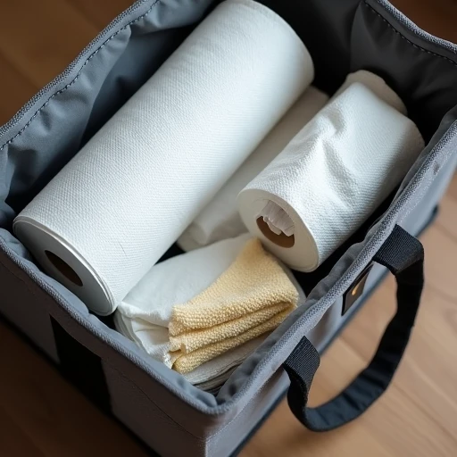 Trunk organizer compartment with paper towels, wet wipes, microfiber cloth, and small spray bottle for car cleanup and daily messes
