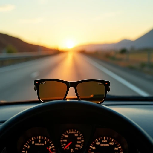 Clean car windshield with dimmed dashboard and polarized sunglasses on the console, soft afternoon light on an open highway