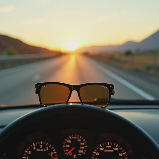 Managing the light — clean glass, dimmed gauges, and polarized lenses Clean car windshield with dimmed dashboard and polarized sunglasses on the console, soft afternoon light on an open highway