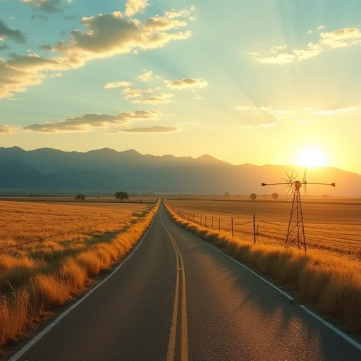 Empty farm road between Longmont and Lyons leading toward Longs Peak at golden hour, hay fields and an irrigation pivot on both sides