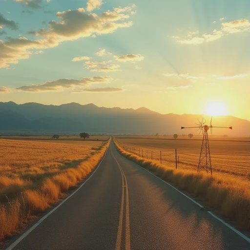 The farm road detour — Longs Peak filling the windshield near Lyons Empty farm road between Longmont and Lyons leading toward Longs Peak at golden hour, hay fields and an irrigation pivot on both sides