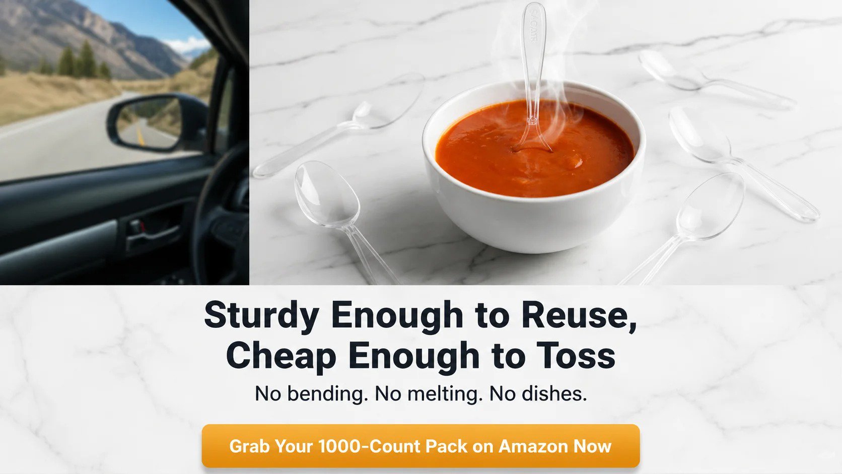 A clear heavy duty plastic spoon standing upright in a bowl of steaming hot soup on a marble surface, car window with mountain road in background, centered button overlay reading Grab Your 1000-Count Pack on Amazon Now.