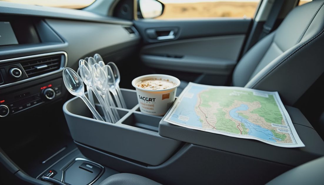 Always Prepared — SACATR Disposable Cutlery for Travel Stashed in the Car Console