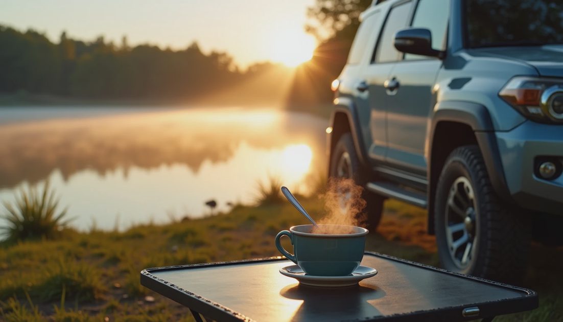 Morning Coffee by the Lake with SACATR Heat Resistant Plastic Spoons — Cozy Car Camping Scene