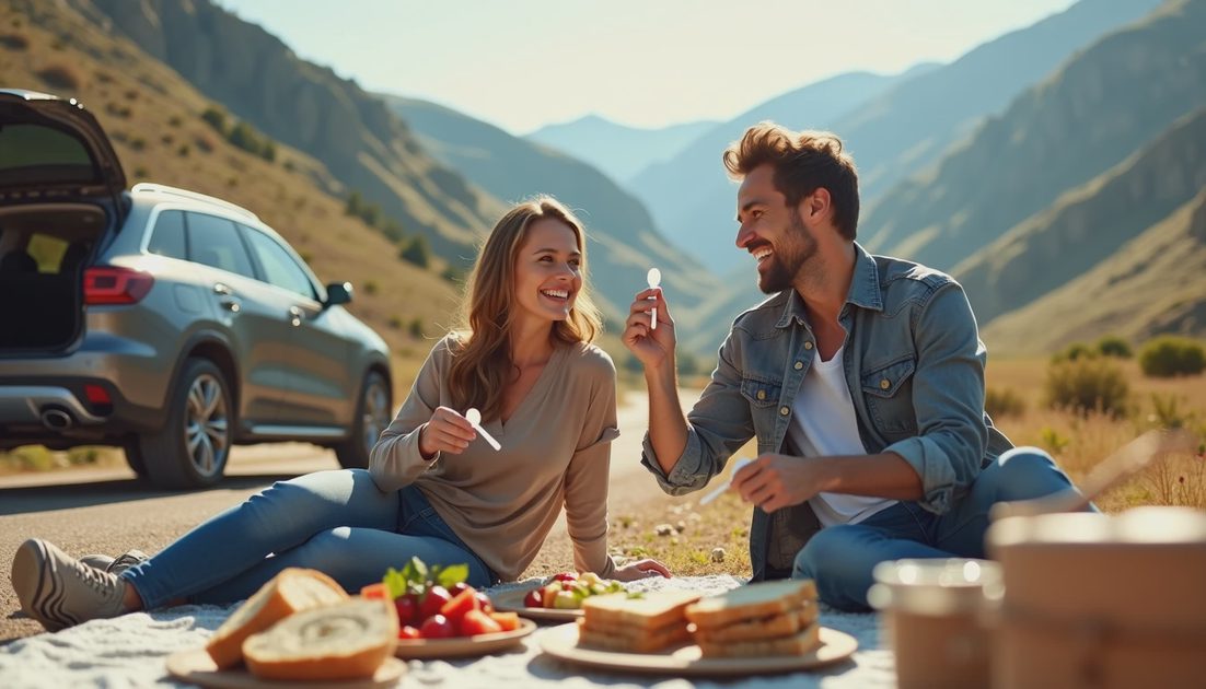 Happy Couple Enjoying Road Trip Picnic with SACATR Heavy Duty Disposable Spoons at Mountain Overlook