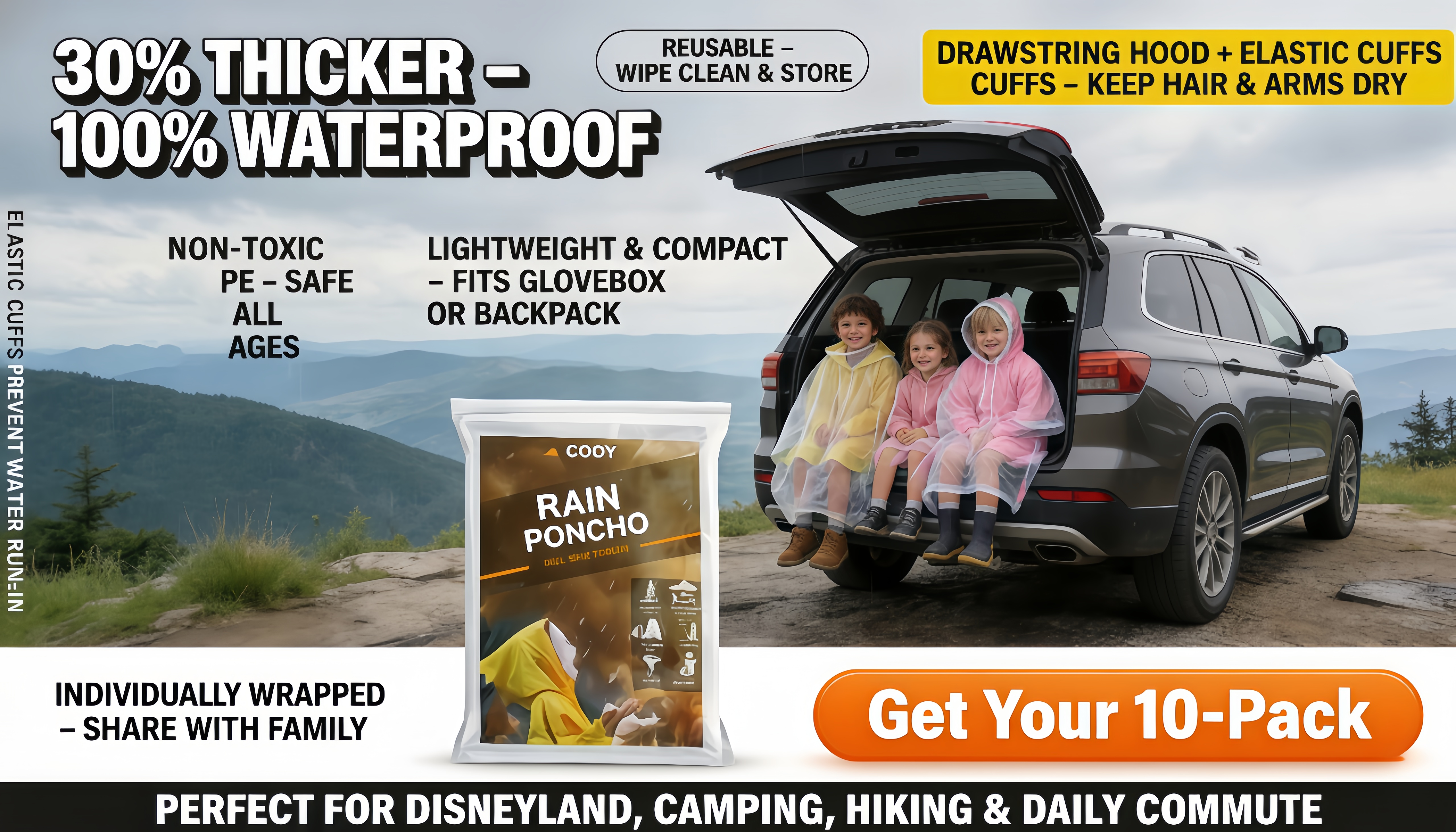COOY 10-pack clear disposable rain ponchos with drawstring hood displayed on a family SUV tailgate, waterproof emergency rain gear for road trips and theme parks