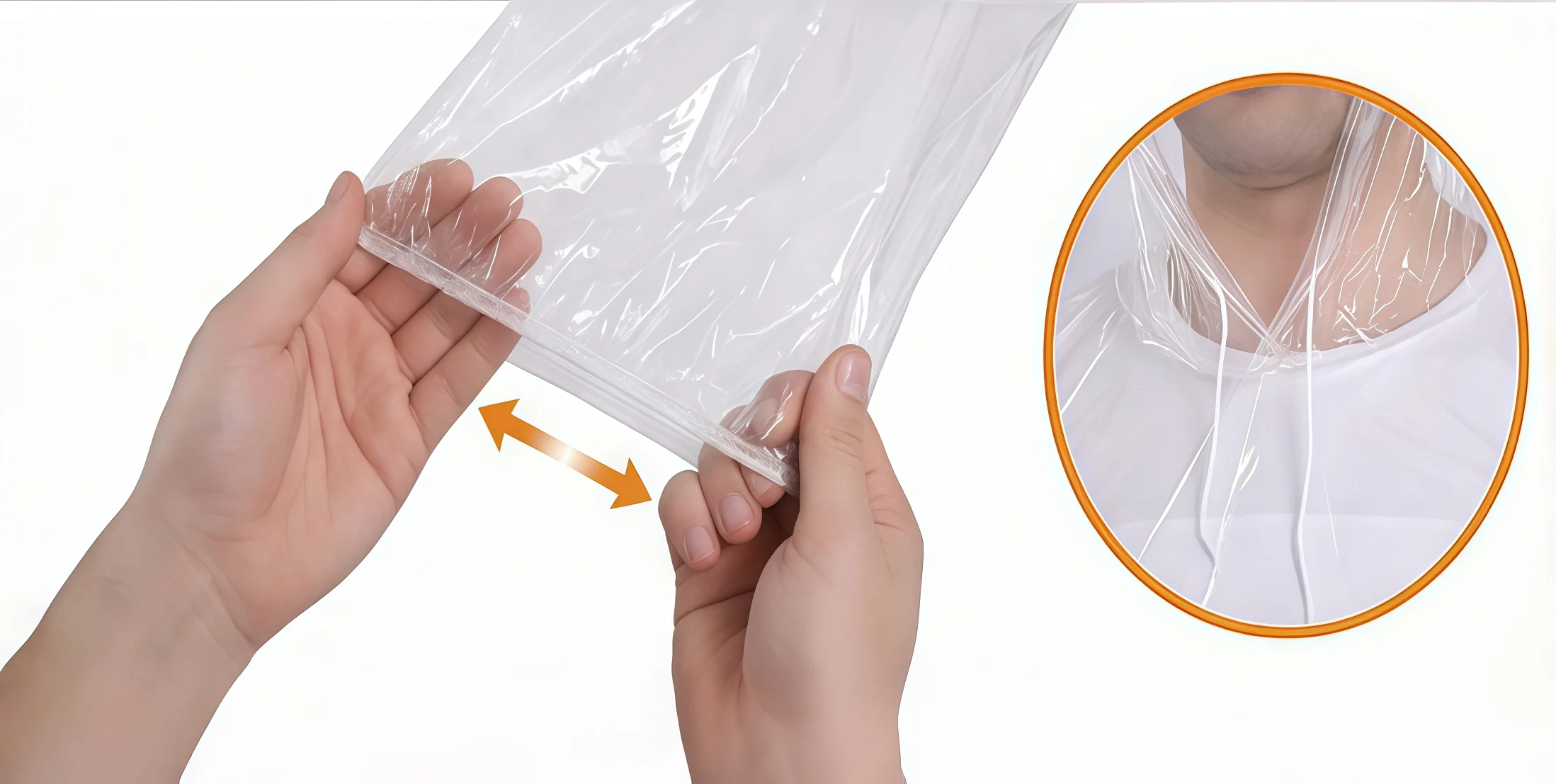 Hand stretching the elastic wrist cuff of a clear COOY rain poncho, demonstrating flexibility and secure fit