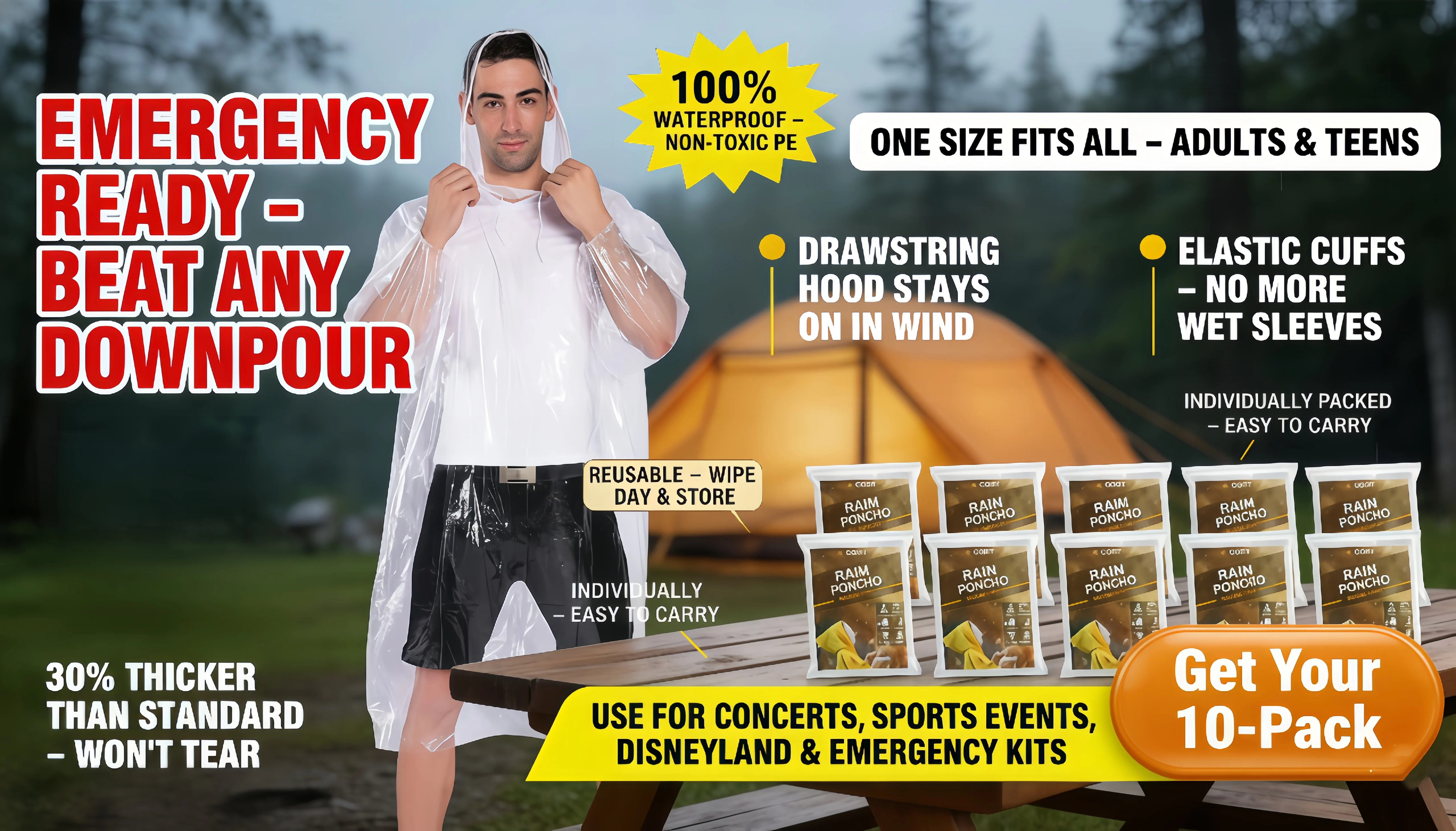 COOY 10-pack heavy duty disposable rain ponchos on outdoor camping table, waterproof drawstring hood poncho for hiking, festivals and emergency kits