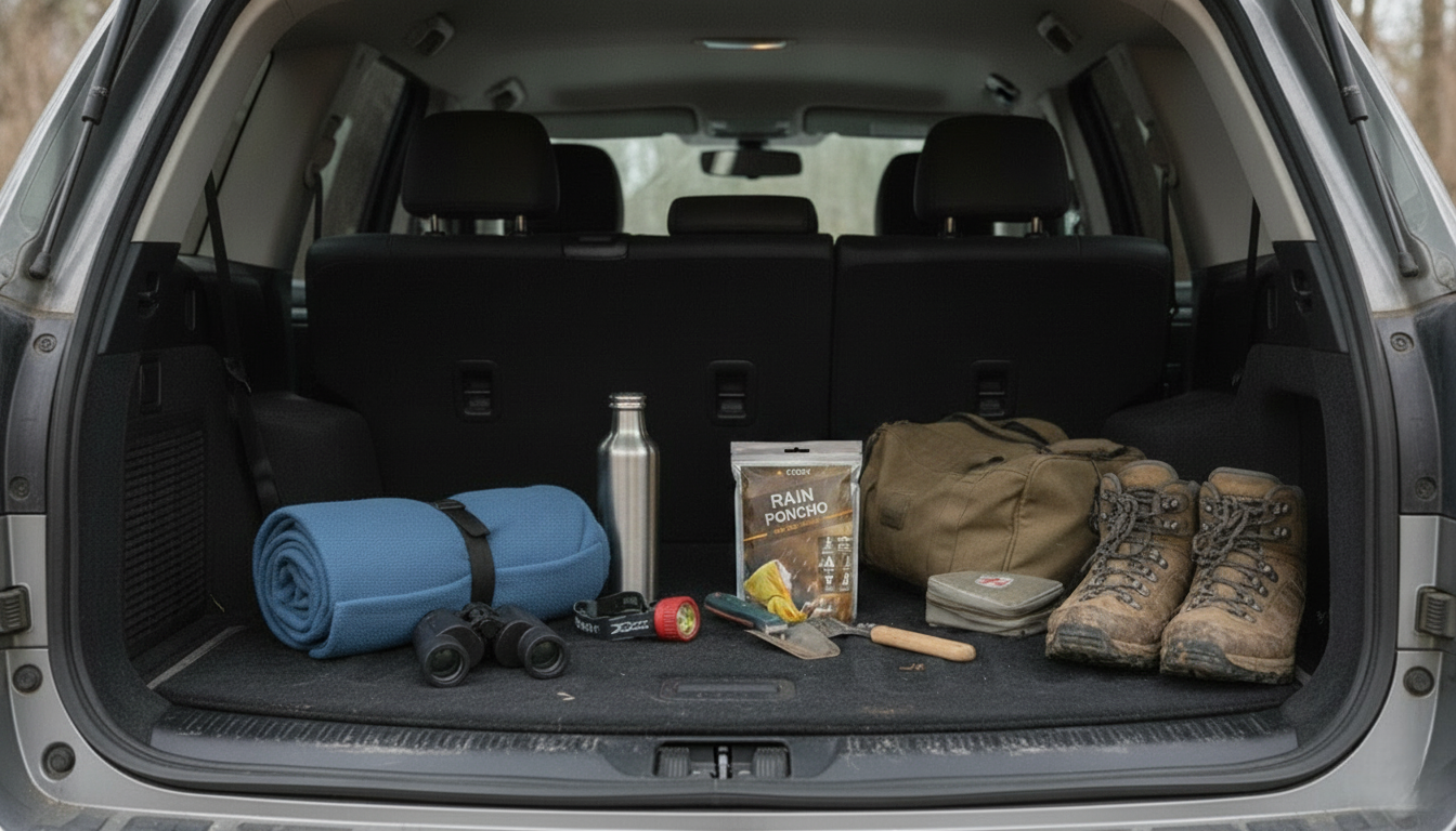 A 10-pack of COOY disposable rain ponchos in clear packaging placed on a car trunk at a scenic pull-off, waterproof emergency ponchos for travel and camping