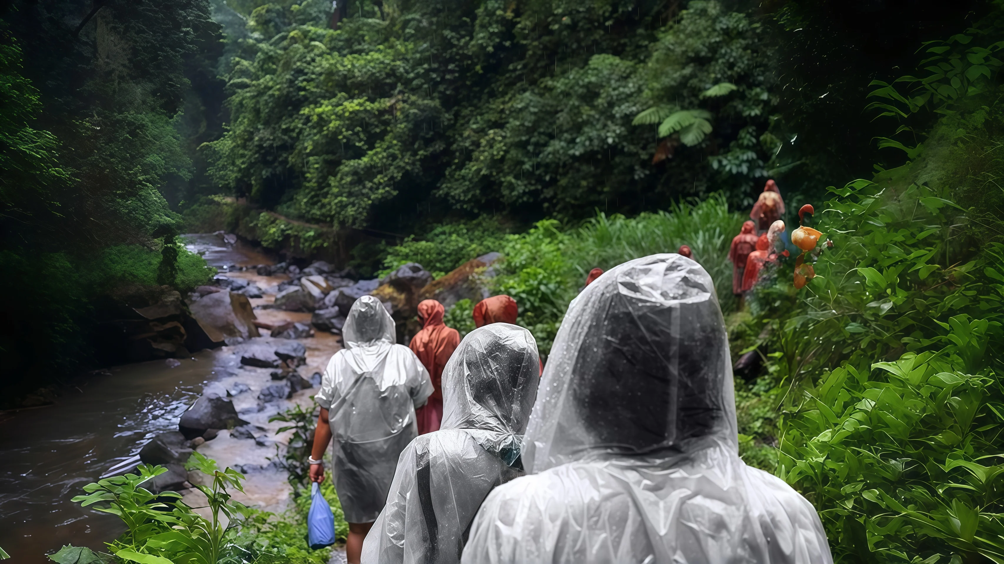 Hikers in transparent COOY disposable rain ponchos with elastic cuffs and drawstring hoods walking on a rainy forest path, waterproof outdoor gear in action