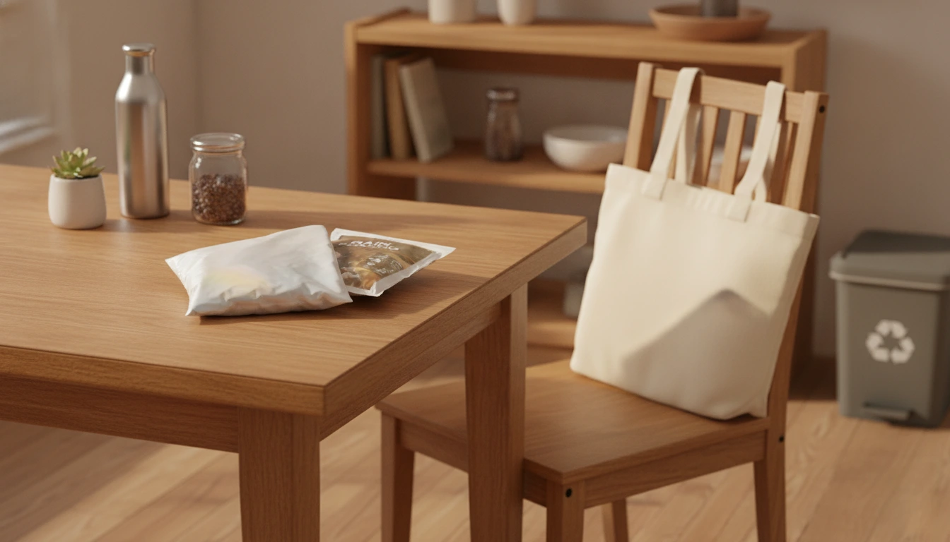 COOY clear rain poncho laid flat on a wooden kitchen table, next to a reusable tote bag, a small recycling bin, and a folded poncho tucked inside its original pouch, warm home interior, sustainable lifestyle still life